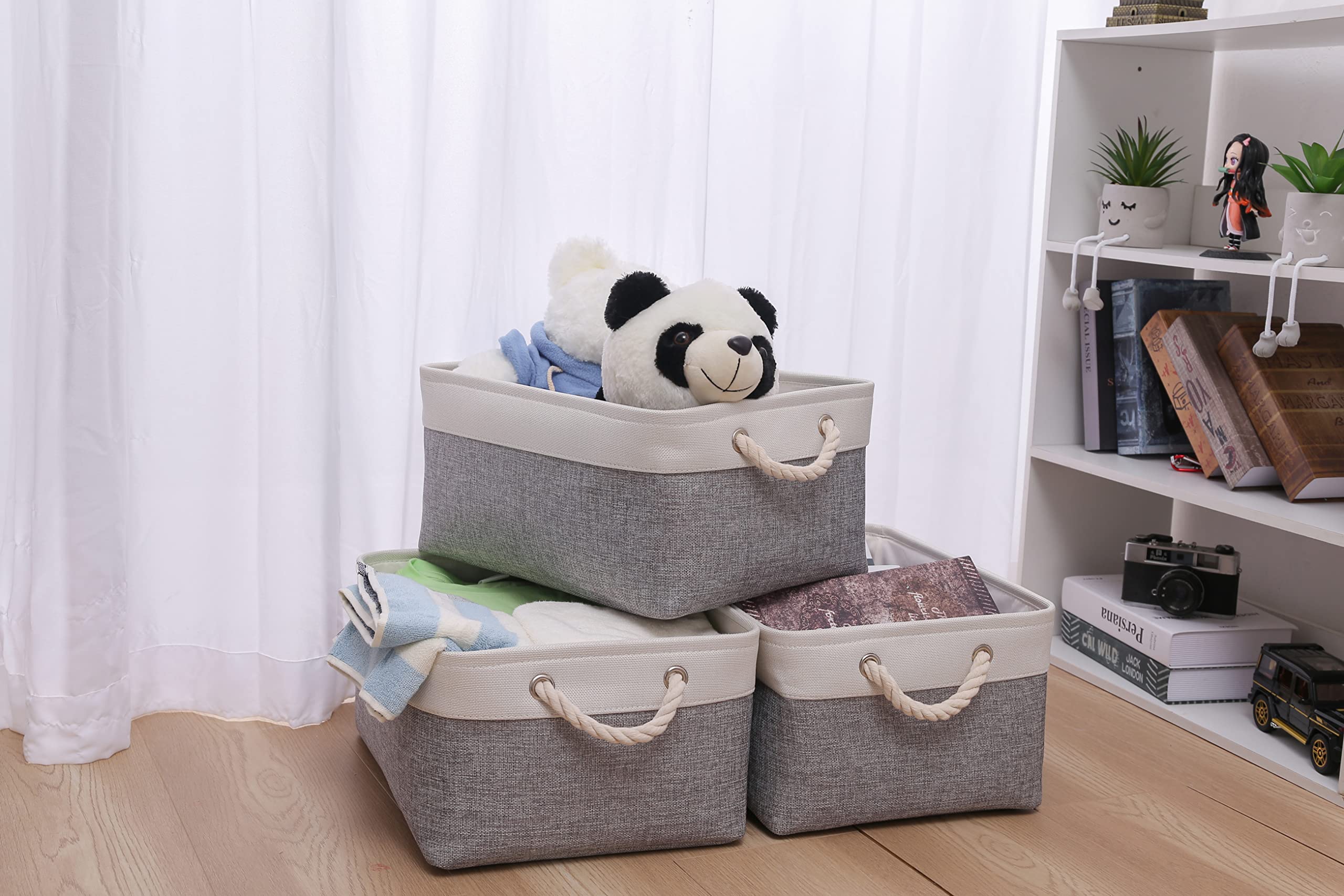 PWVMWM Small Fabric Storage Basket Set of 3, Waterproof Foldable Storage Baskets, Canvas Storage Boxes for Wardrobe, Bedroom, Office Products