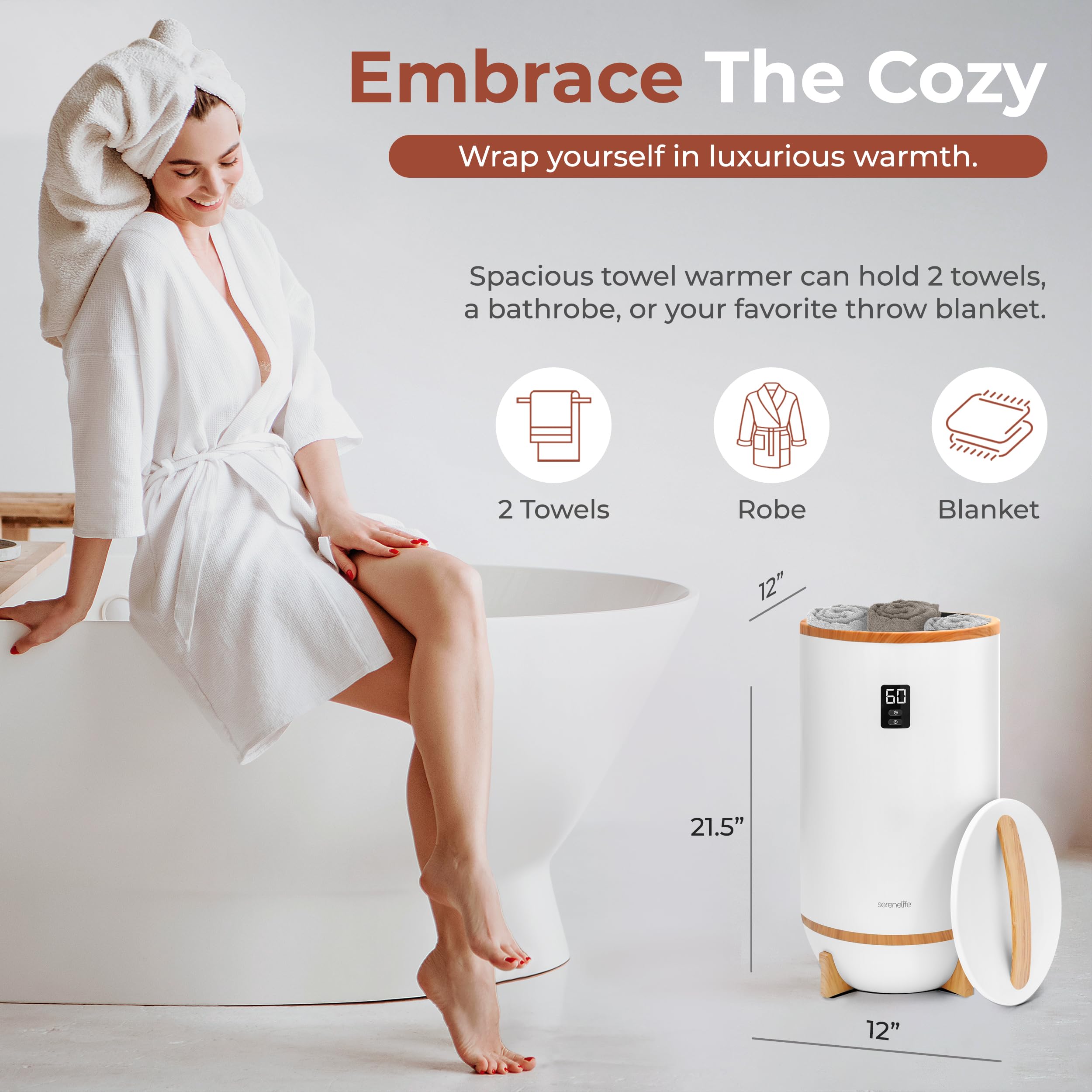 SereneLife Hot Towel Warmer Bucket w/ Customized Fragrance for Bathroom and Spa, Luxury Towel Heater Gift for Him or Her, Auto Shut Off, LED Display