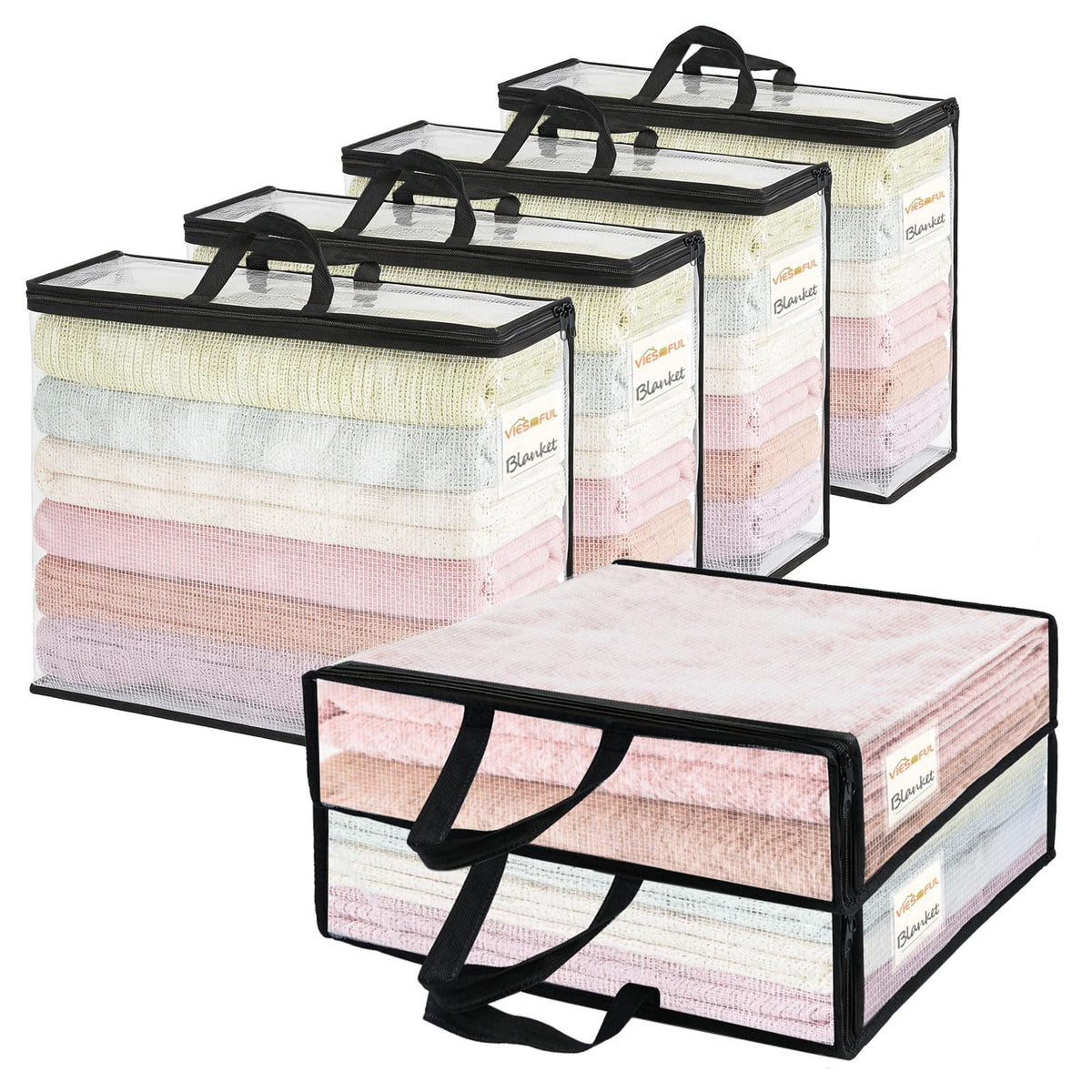 Vieshful 6 Pack Clear Storage Bags with Label, 22L Foldable PVC Mesh, Black