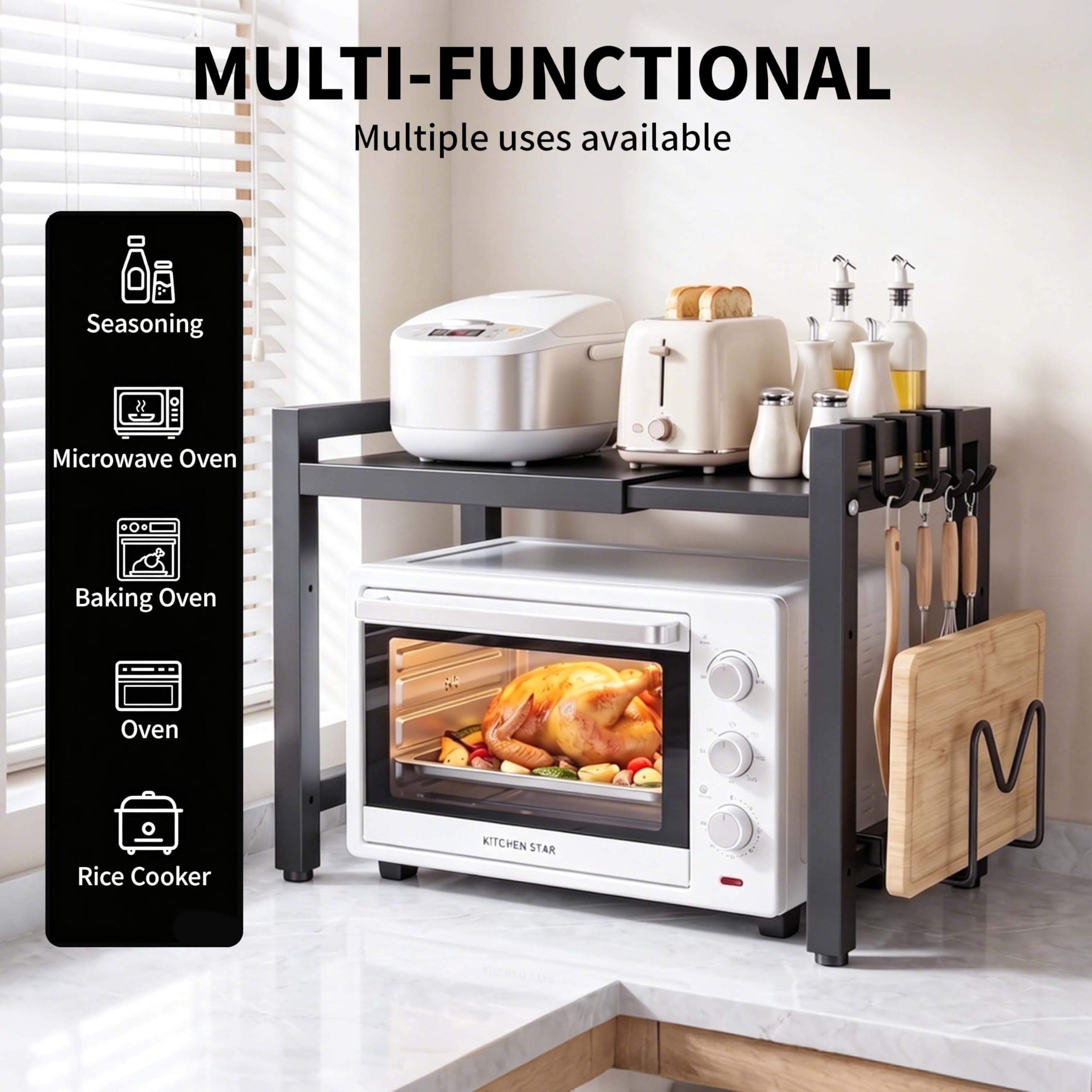 Kiseely Expandable Microwave Shelf, Shelf Stand Extendable for Kitchen Countertop, Oven Rack with 6 Hooks, Kitchen Countertop Organiser Shelves