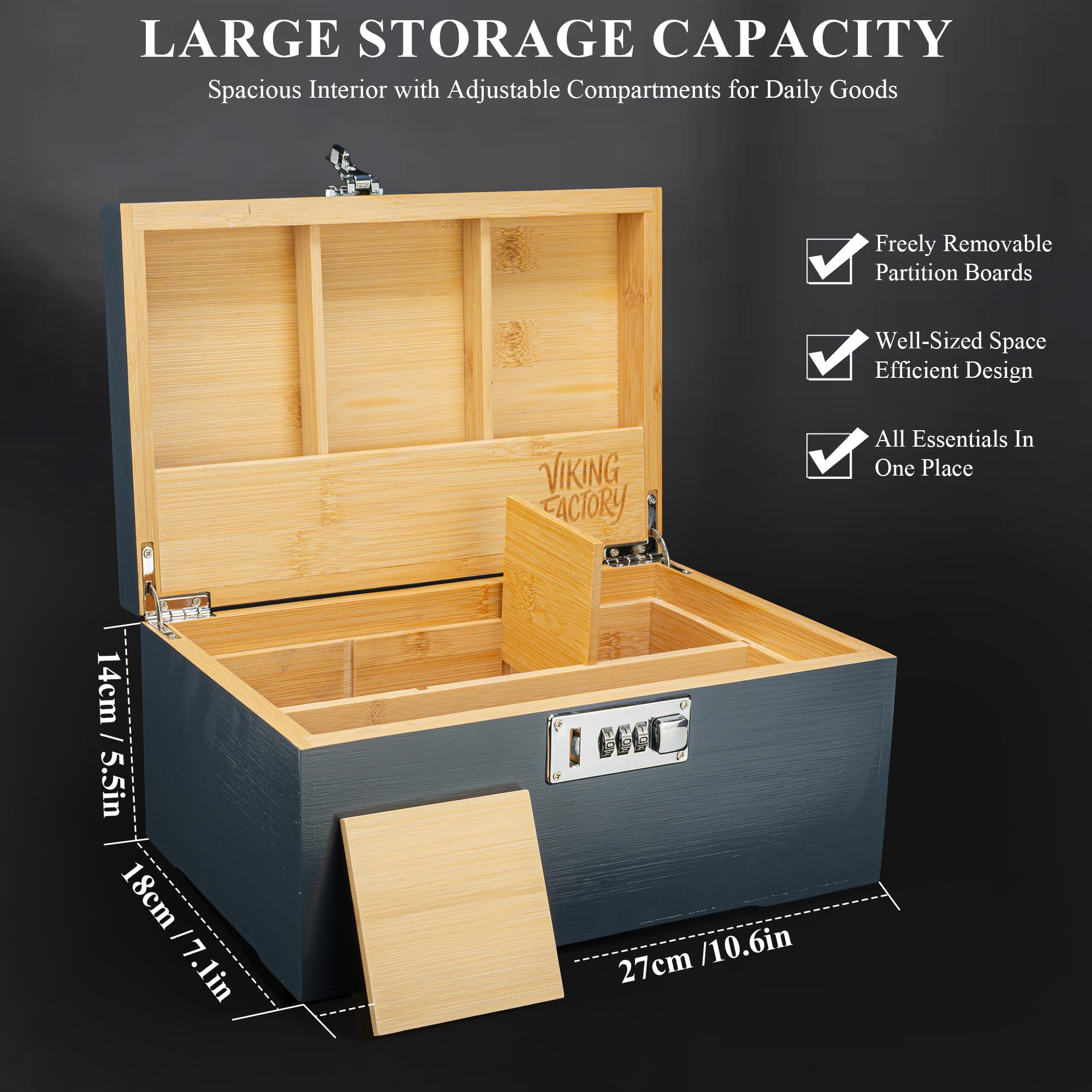 Viking Factory Large Lockable Bamboo Storage Box with Removable Tray and Combination Lock, 19-Piece Wooden Organizer Set with Jars