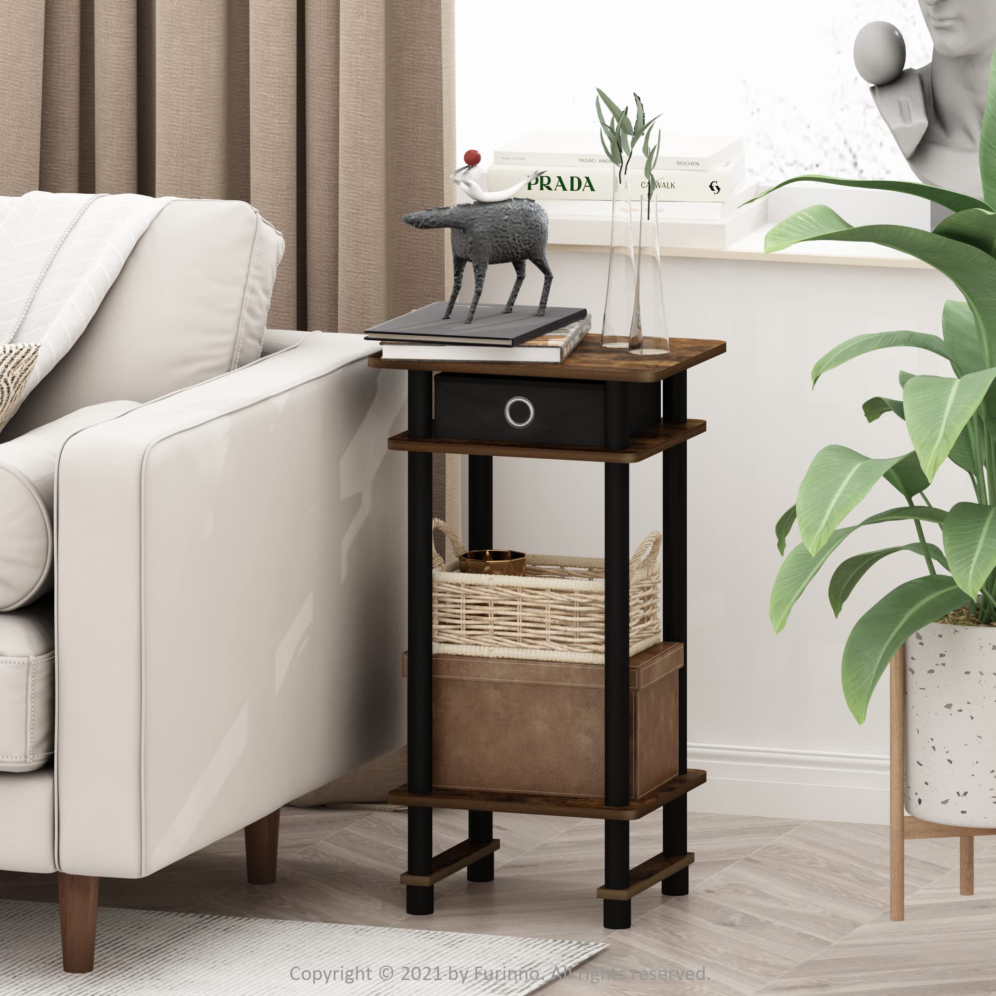 Furinno TURN-N-TUBE Side Table, 3-Tier End Table with Storage Bin, Open Shelf Night Stand, Bedside Table, Toolless Assembly, for Living Room, Bedroom