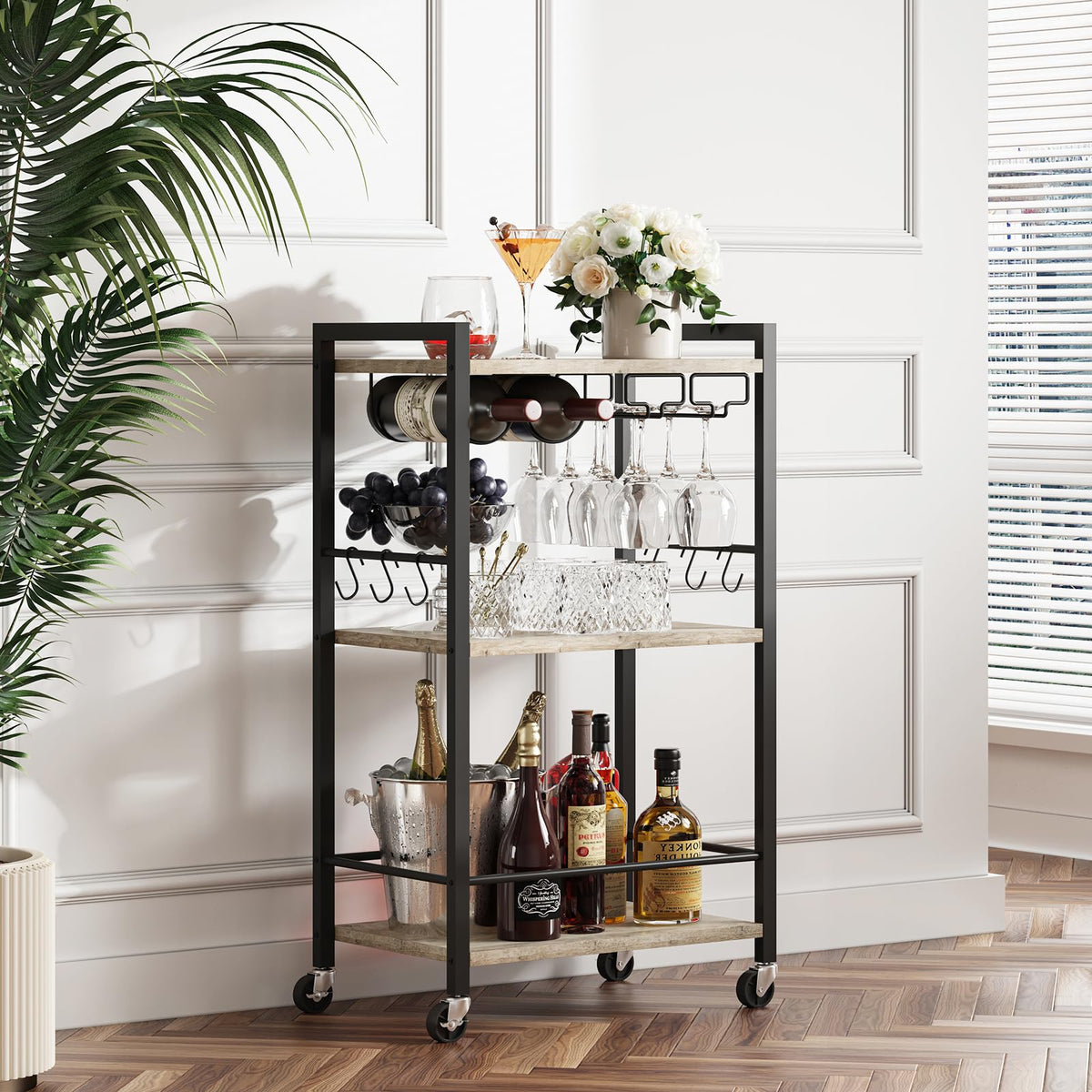 TUTOTAK Drinks Trolley, Bar Cart with 3-Tier Shelf, Serving Trolley with Wine Rack, Glass Holder, Rolling bar cart for The Home, Living Room