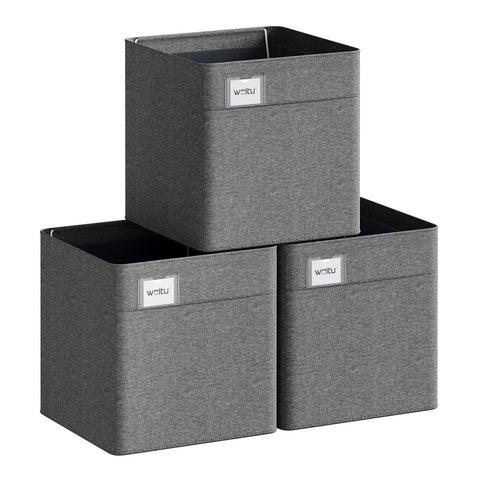WOLTU Collapsible Storage Boxes Set of 3, Fabric Storage Cubes with Handles and Label Holders, Wardrobe Organisers for Shelves, Bedroom, Living Room