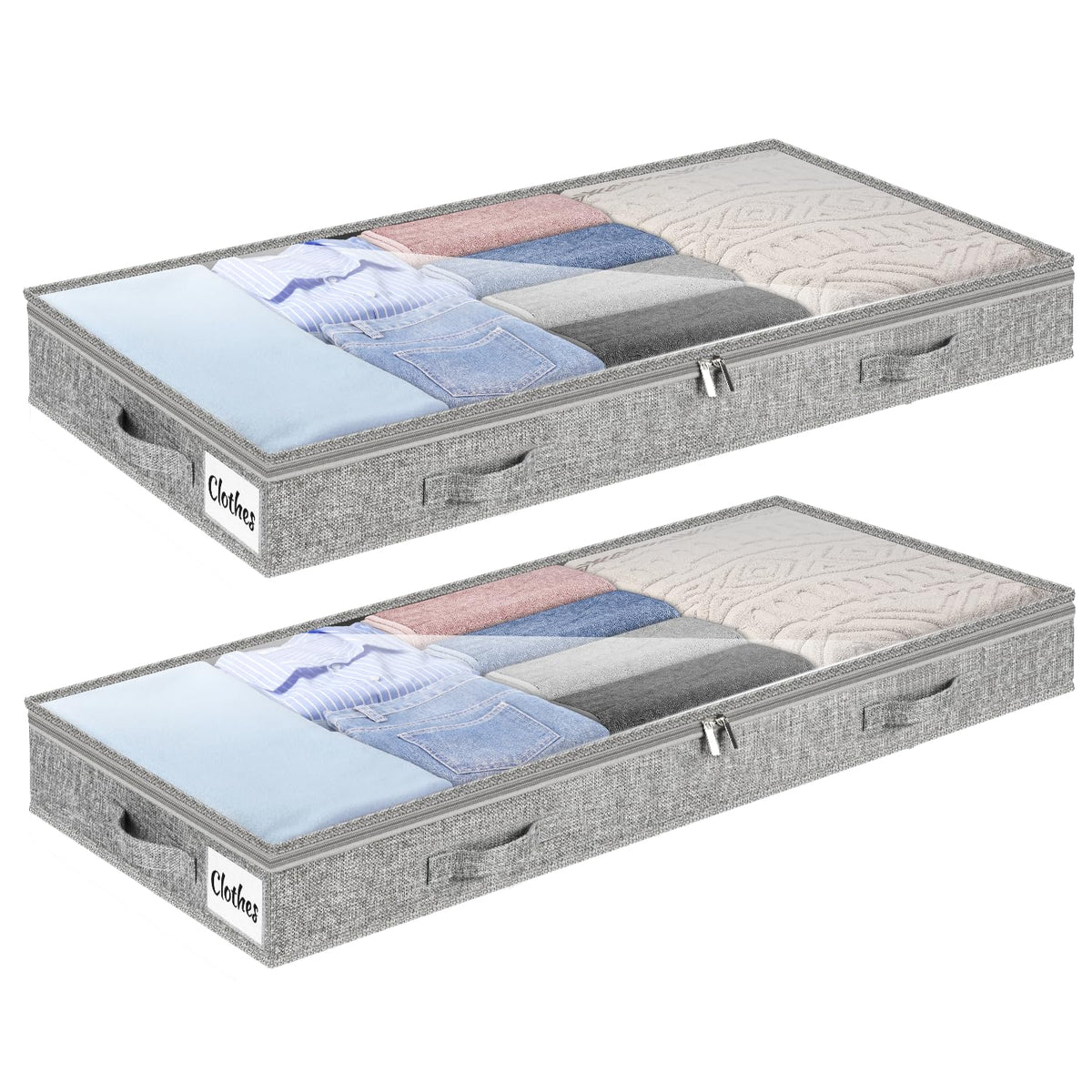 Underbed Storage Bags 2 Pack, 10cm Tall Large Under Bed Storage Box with zip, Foldable Shallow Wardrobe Storage Organiser with Clear Window &