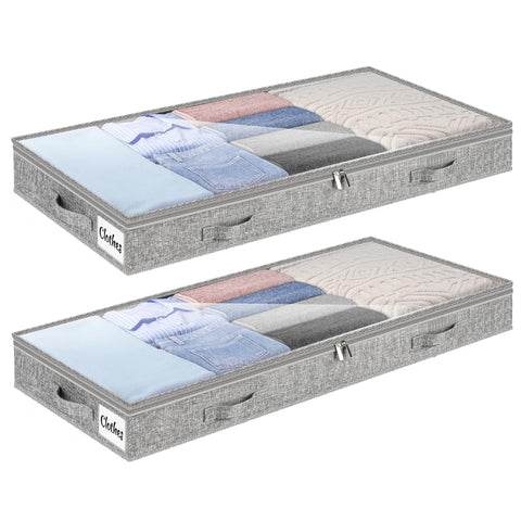 Underbed Storage Bags 2 Pack, 10cm Tall Large Under Bed Storage Box with zip, Foldable Shallow Wardrobe Storage Organiser with Clear Window &