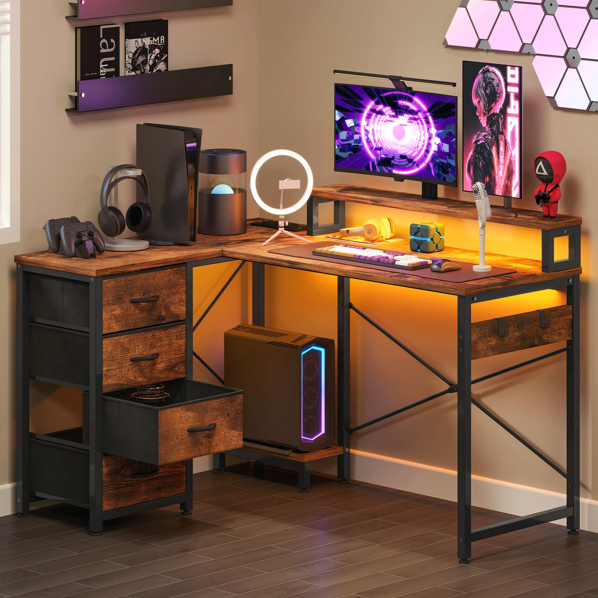 YITAHOME Computer Desk with Drawers L Shaped LED Power 130cm Vintage