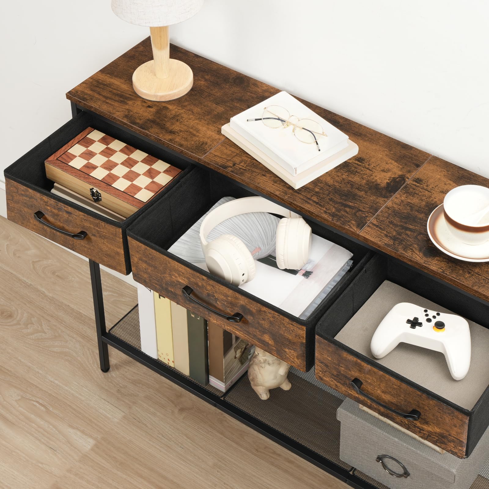 MAHANCRIS Console Table with 3 Fabric Drawers, Narrow Console Table with Open Shelf, 97 cm L Slim Entryway Table, Couch Table, for Hallway