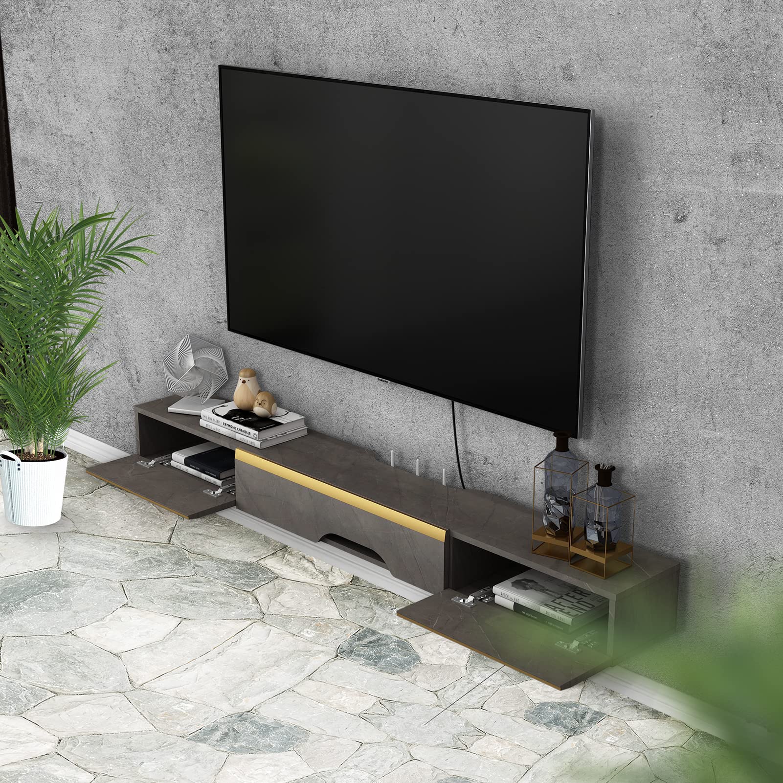 Pmnianhua Floating TV Unit, Wall Mounted TV Cabinet, Floating Shelves with 3 Doors
