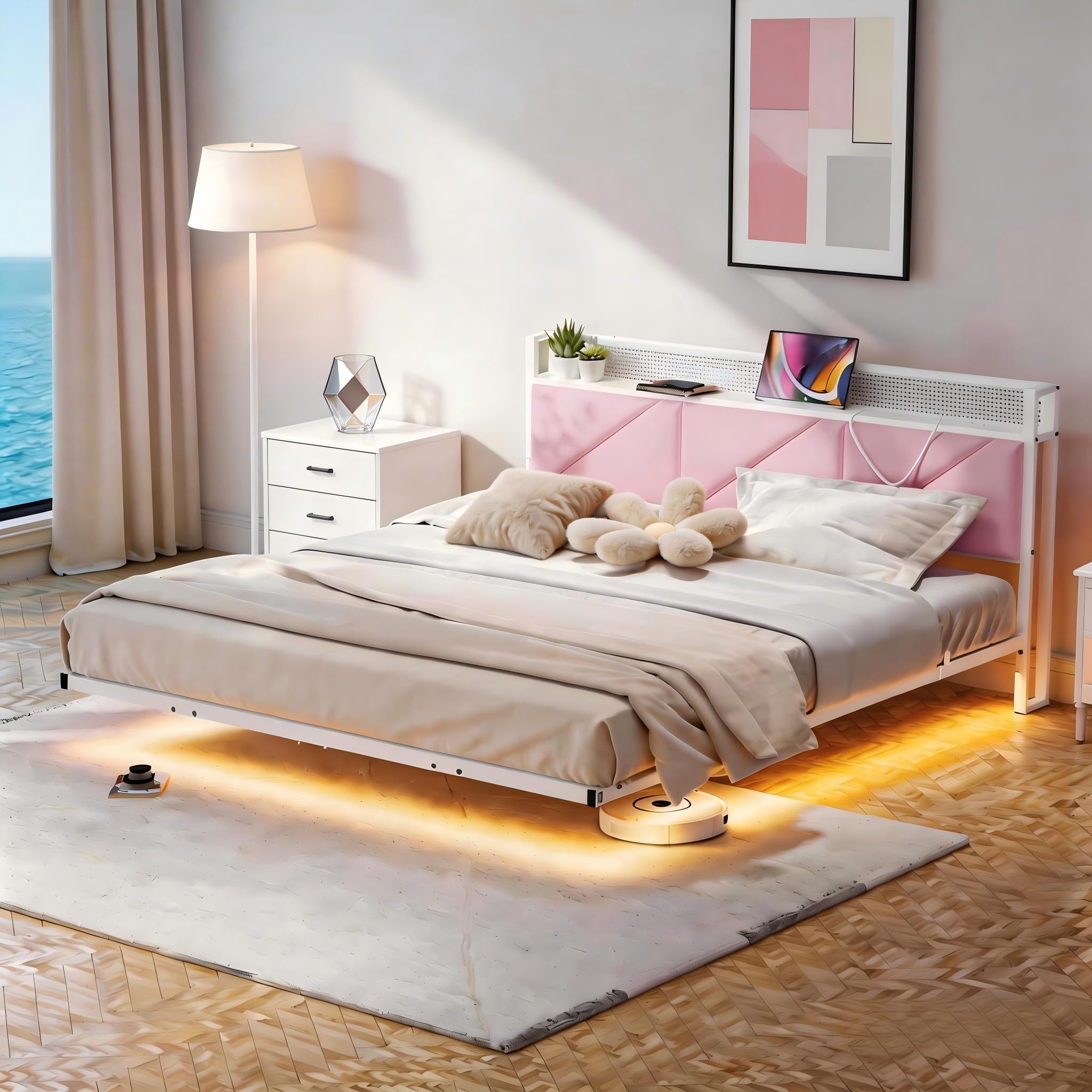 HAHRIR King Size Bed Frame with Floating Upholstered Storage Headboard,Pink