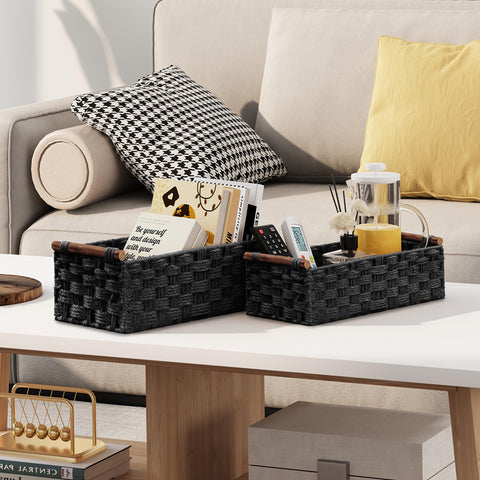 Vagusicc Wicker Storage Basket with Handle, Set of 2 Handwoven Paper Rope Storage Basket for Shelves