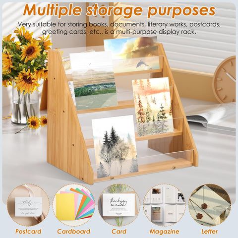 HAIJED Card Display Stand 4 Tier Greeting Card Display Bamboo and Acrylic Card Stand Display Stand for Craft Fairs Multifunctional Card Display Rack
