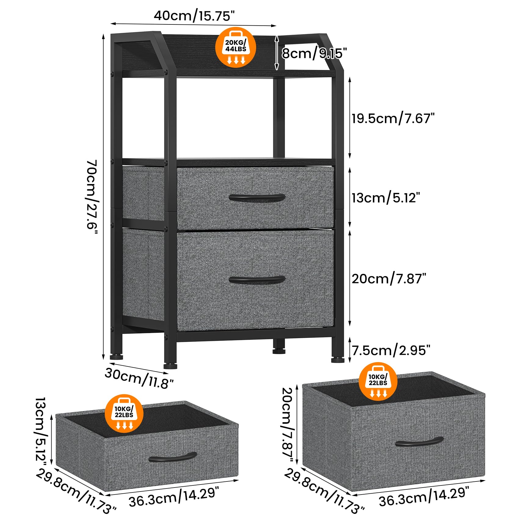 Feonase Set of 2 Bedside Table with 2 Fabric Drawers & Open Shelf - Sturdy Metal Frame Nightstand, Compact End Table for Bedroom, Living Room