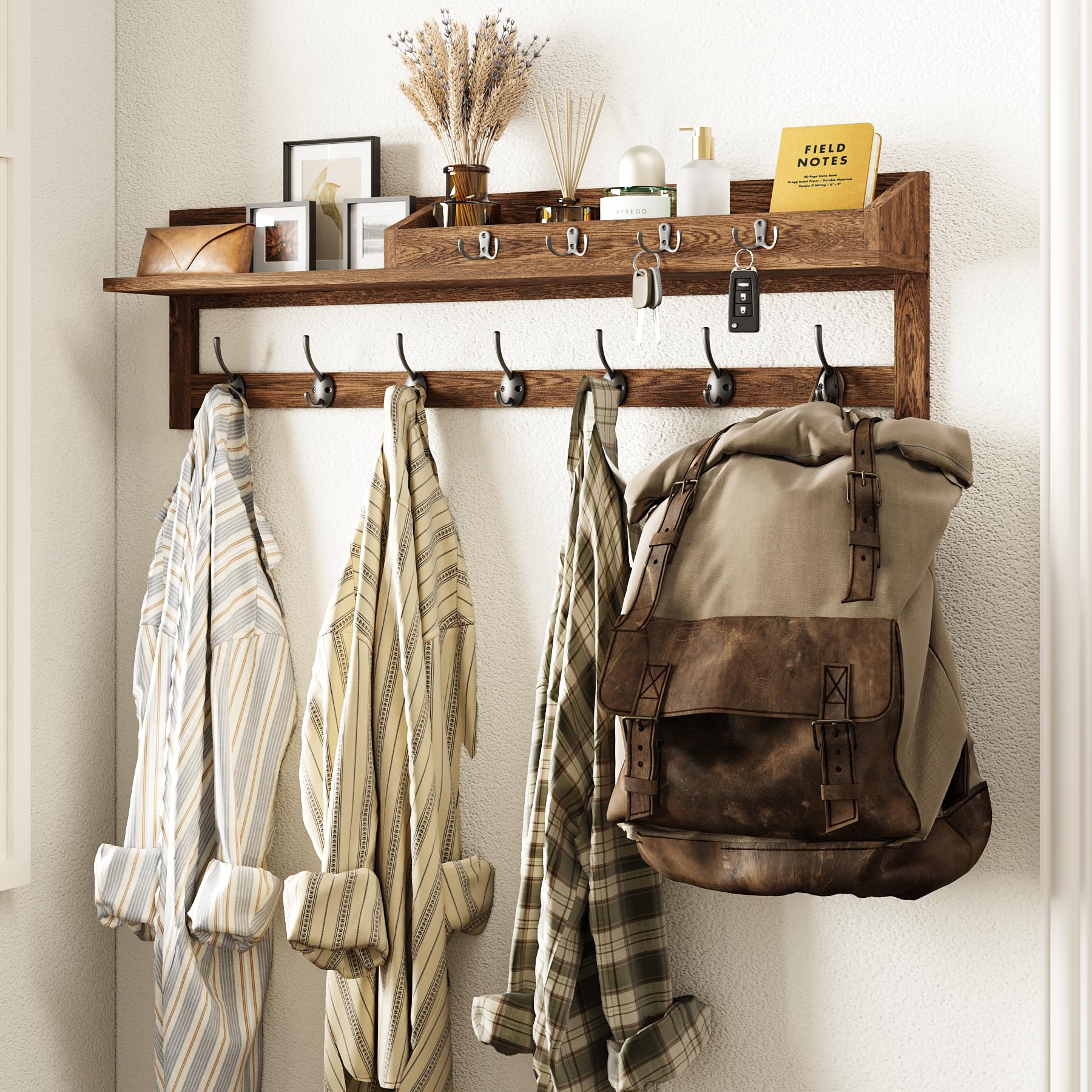 AMBIRD Wall-Mounted Coat Rack, 89cm Large Wall Hooks with Shelf, Entryway Shelf with 7 Dual Coat Hooks, Mail Organiser, Wooden Coat Hanger