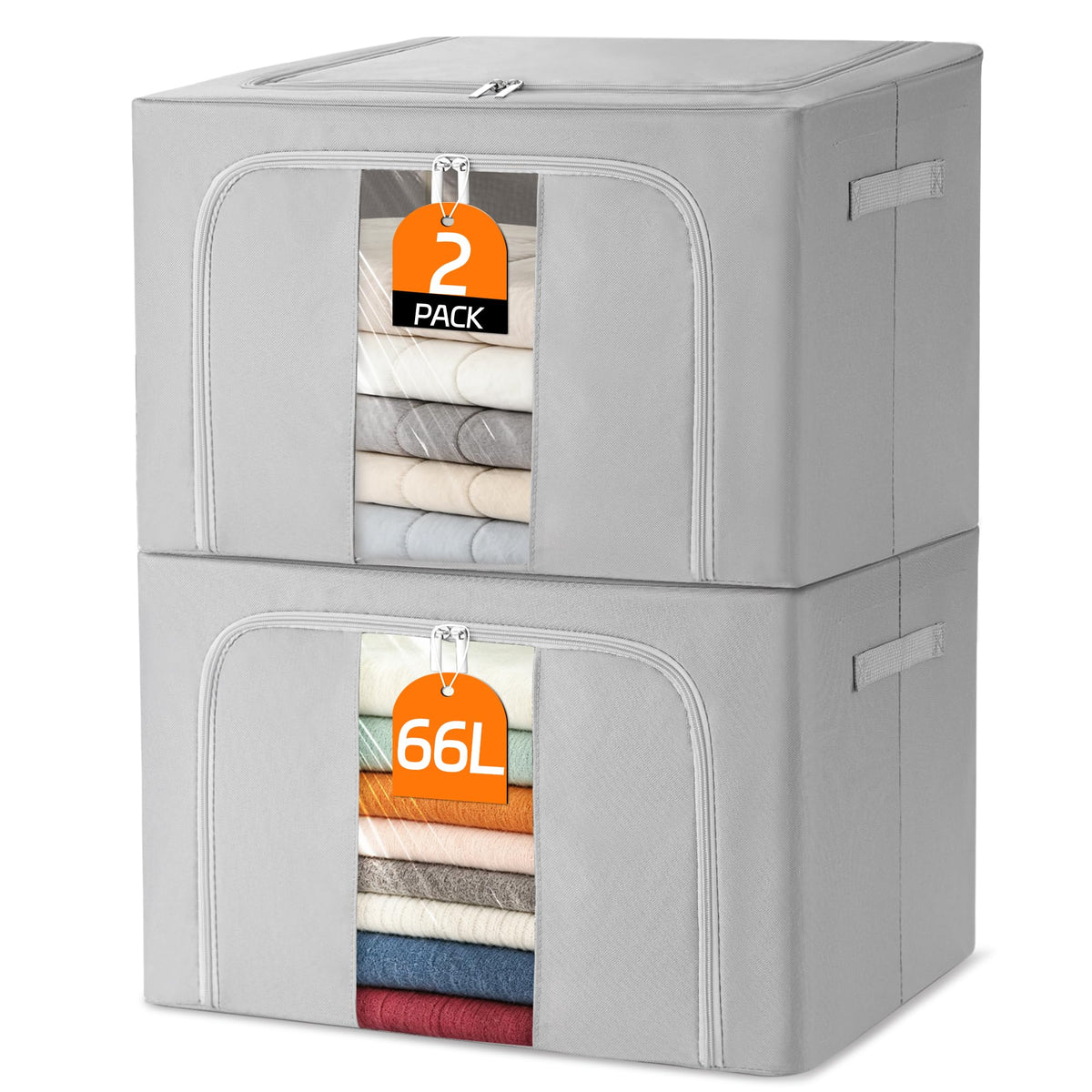 2 Pcs 66L Storage Boxes with Lid, Fabric Storage Bins with Clear Windows