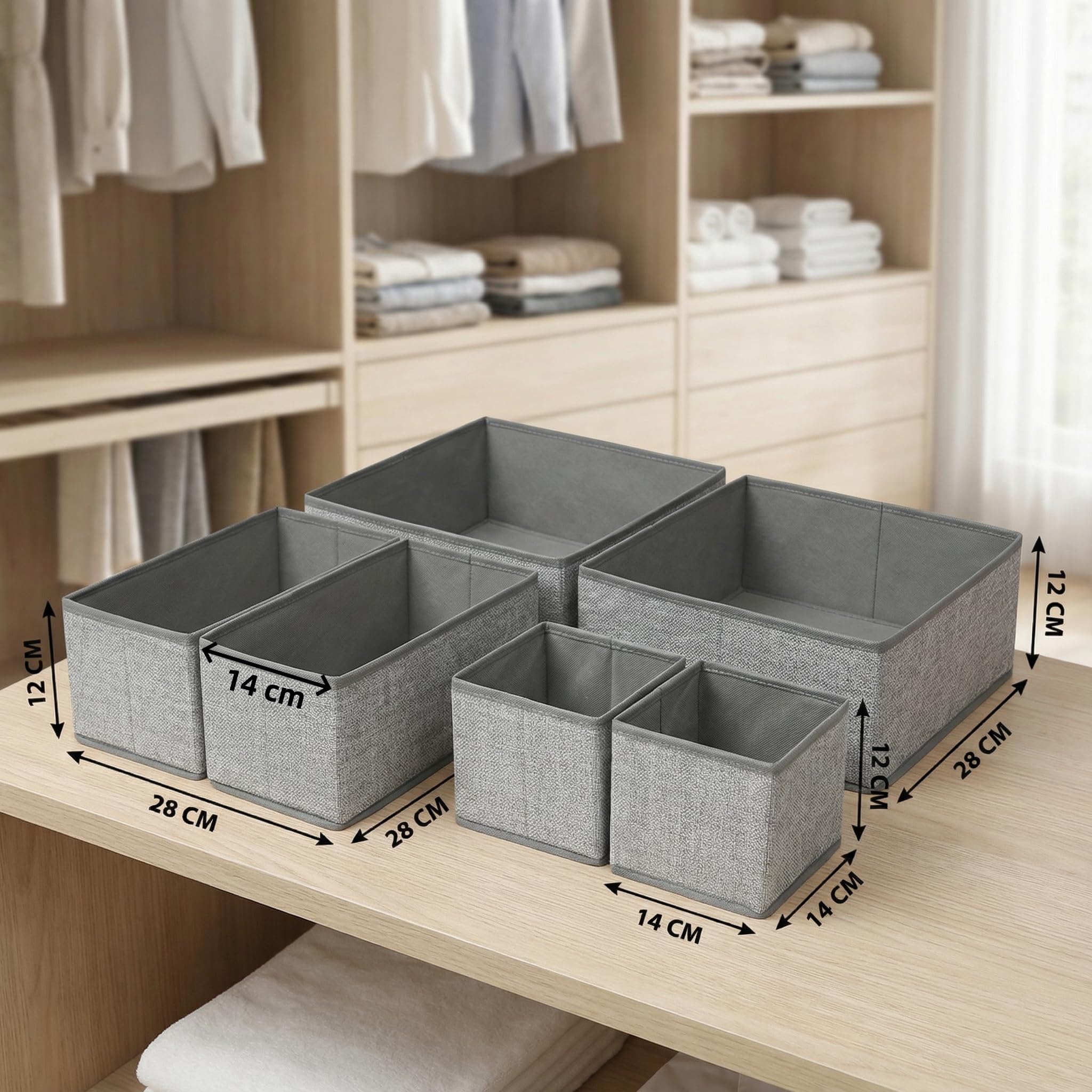 Nesrefyn 6-Pack Drawer Dividers & Organisers for Wardrobe – Foldable Storage Organisers for Clothes, Underwear, Socks, Bras, Accessories, Grey