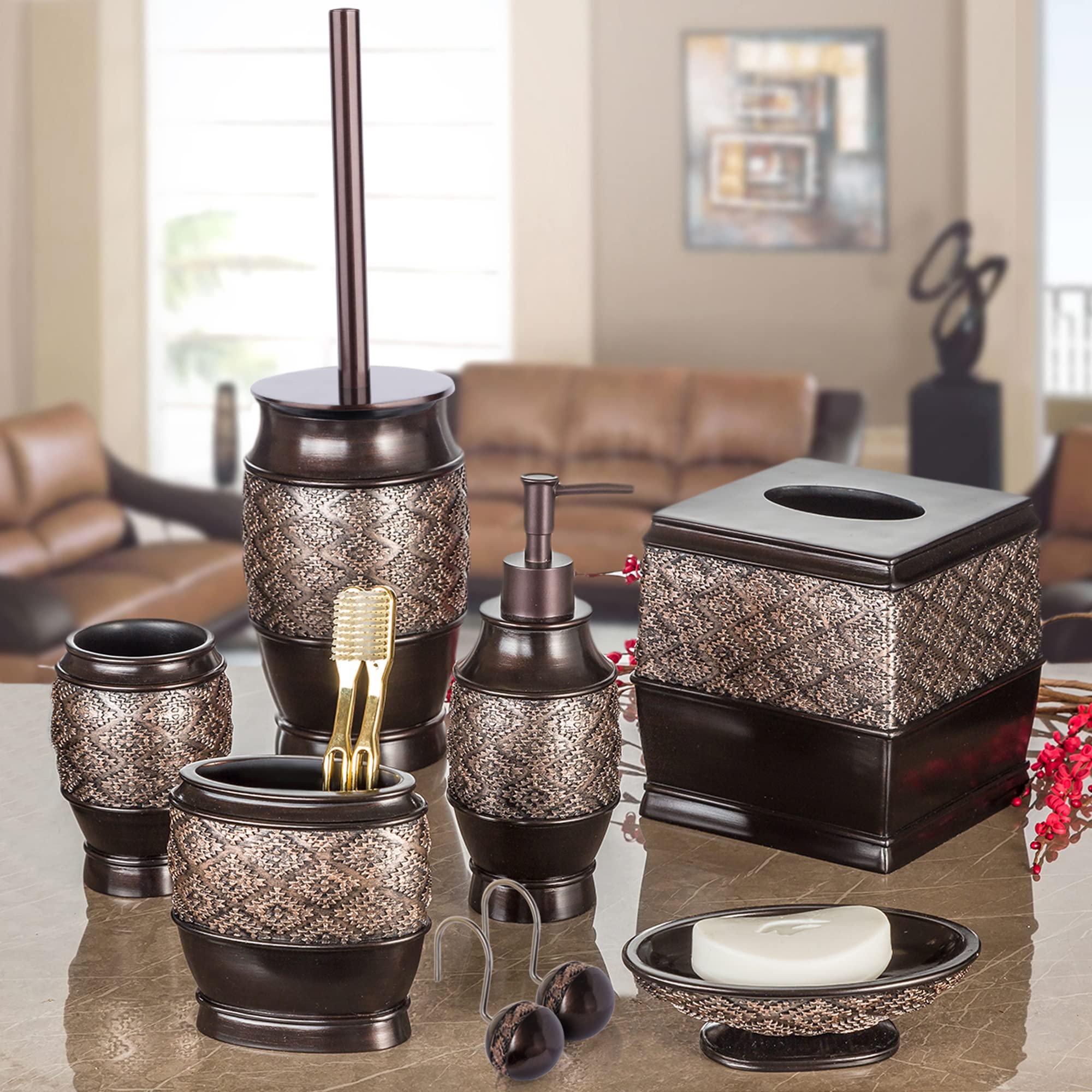 Creative Scents Brown Bathroom Accessories Set - 6-Piece Bathroom Set Includes: Decorative Soap Dispenser, Soap Dish, Tumbler, Toothbrush Holder