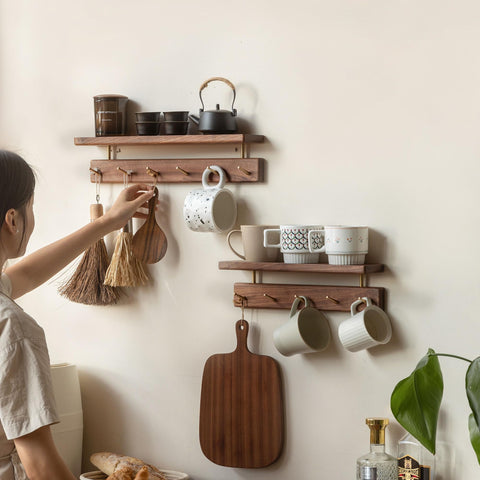 YESWOOD Solid Walnut Wall Mounted Coat Rack with Shelf, 7 Brass Hooks