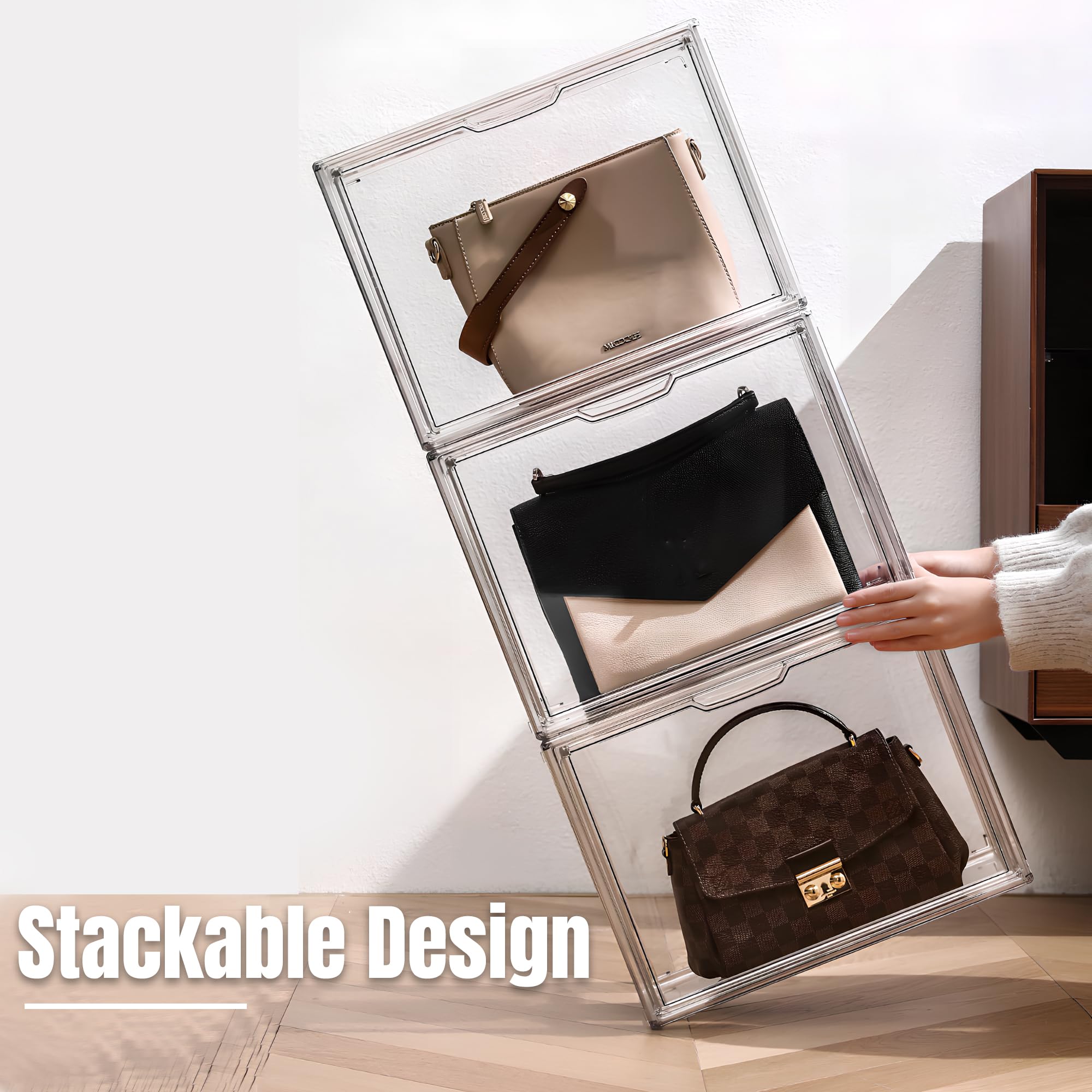 Umisu 3 Pack Handbag Storage Organizer, Clear Acrylic Handbag Display Case with Magnetic Door, Luxury Stackable Purse & Clutch Storage Box