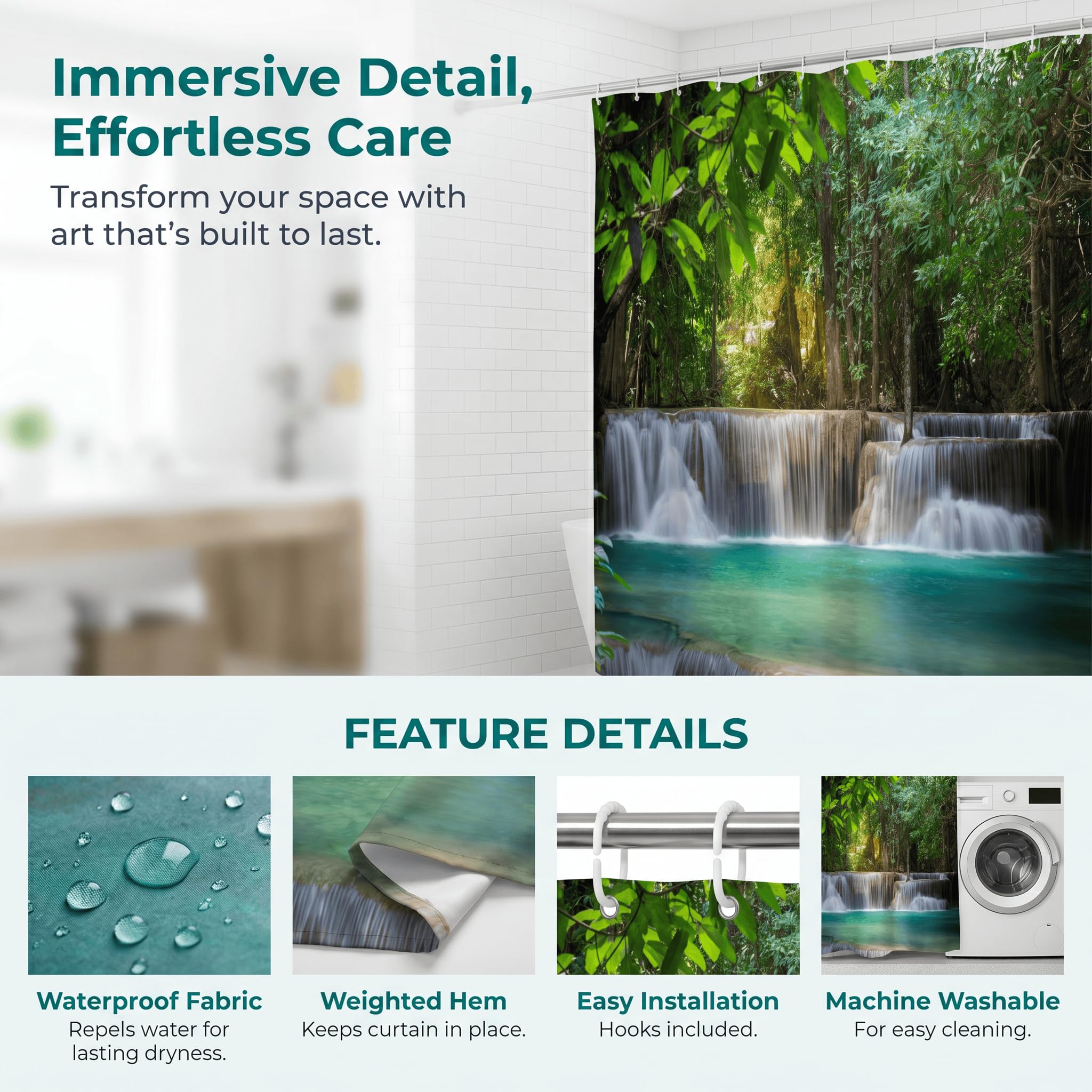 goodbath Garden Shower Curtain Outdoor Waterfalls, 3D Nature Scenery Landscape Forest Trees Bath Curtains for Bathroom Fence Wall, 180 x 180 cm