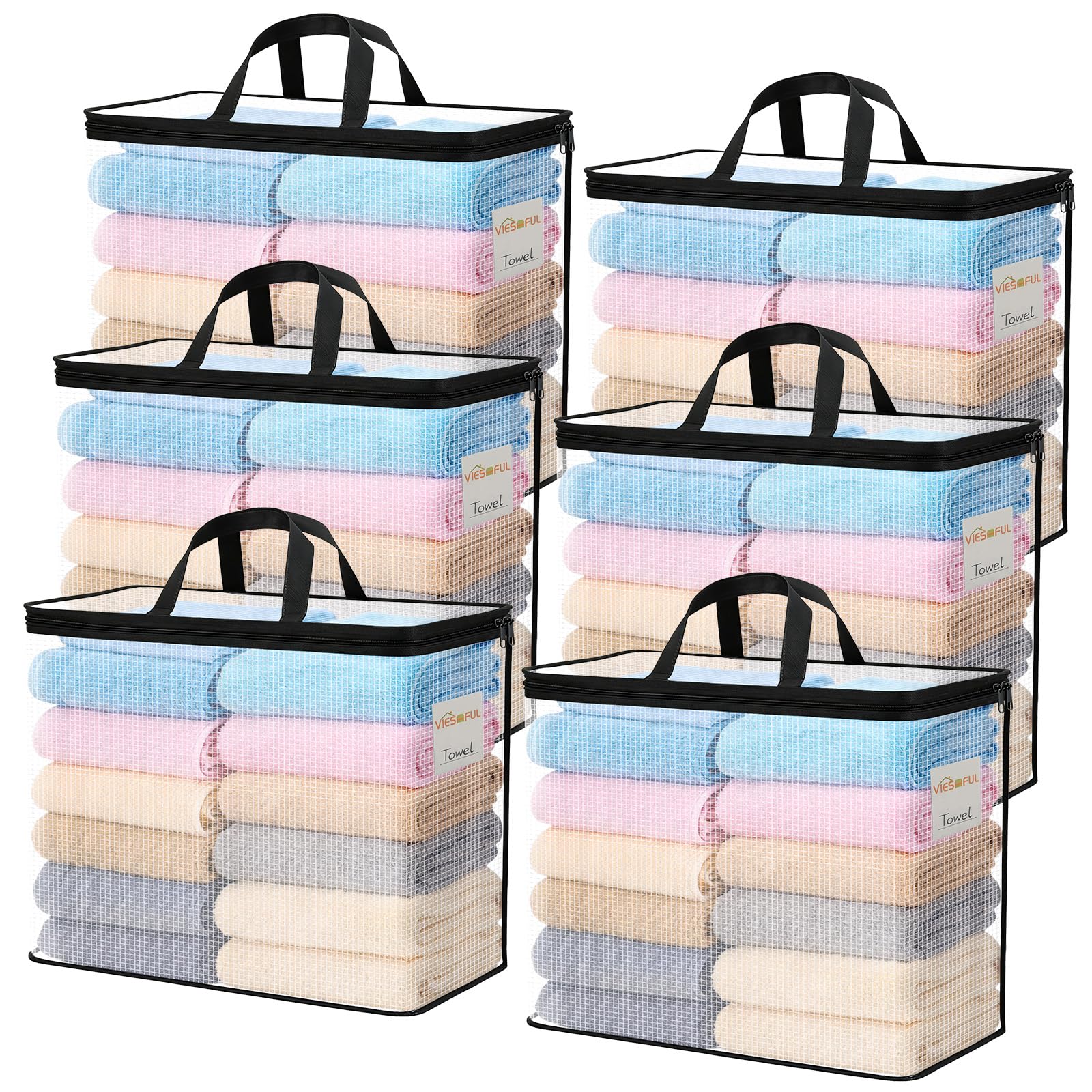 Vieshful 6 Pack Clear Storage Bags with Label, 40L Foldable PVC Mesh, Black