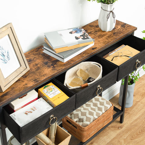 HOOBRO Console Table, Hallway Table, Slim Sofa Table with 3 Non-woven Drawers, Metal Mesh Frame, Sturdy, Narrow Side Table for Small Spaces, Entrance