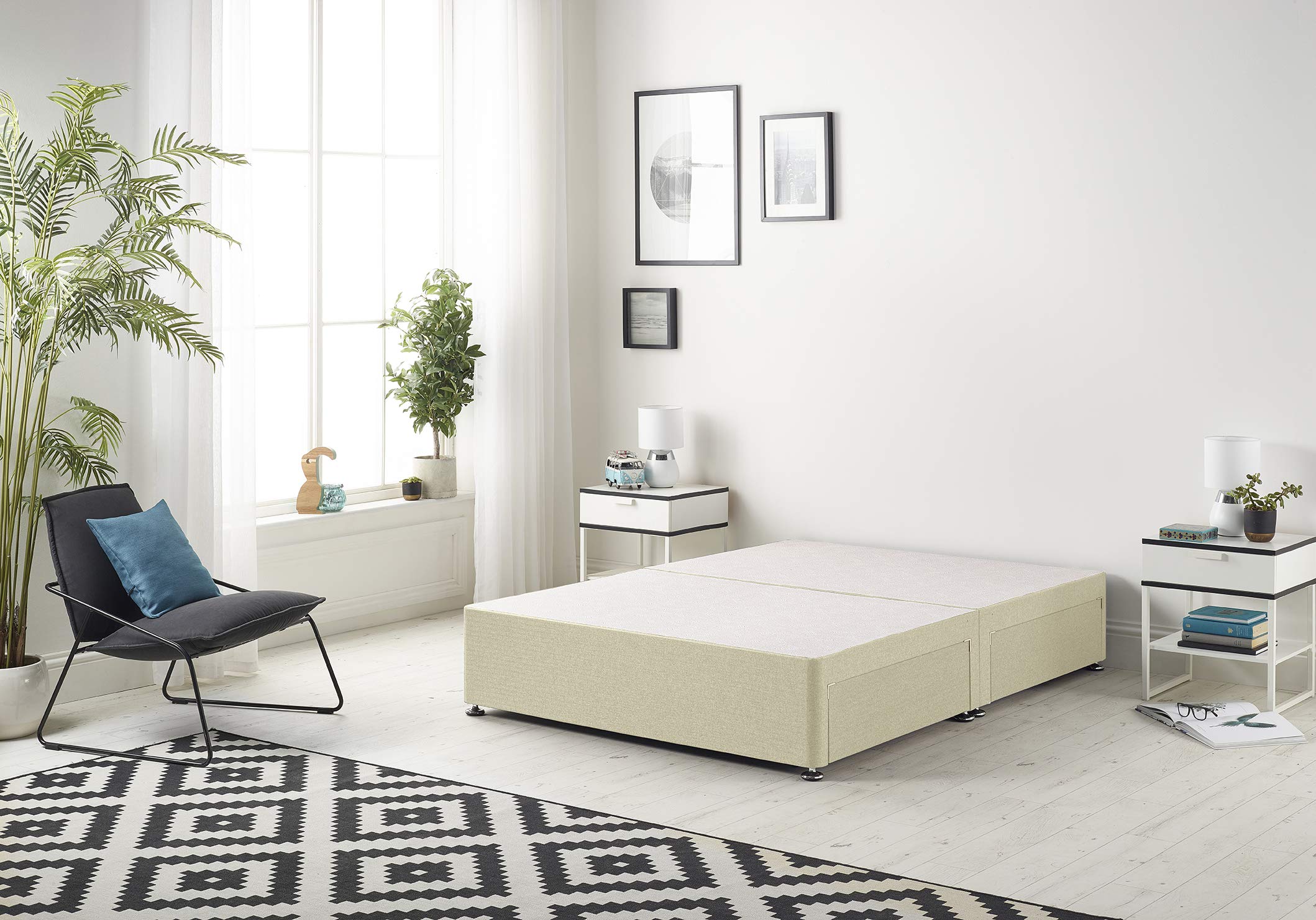 Bed Centre Flexby Divan Base Only with No Drawers and No Headboard - Available in 3ft,4ft,5ft and 6ft- Fabric (4FT Small Double, Linen Beige Fabric)