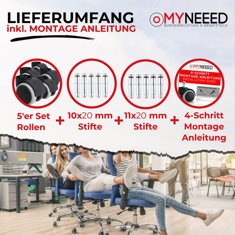 Hard Floor Castor Wheels 10 mm / 11 mm for All Office Chair Brands - Durable Hard Floor Castors without Pin for Laminate Parquet Tiles