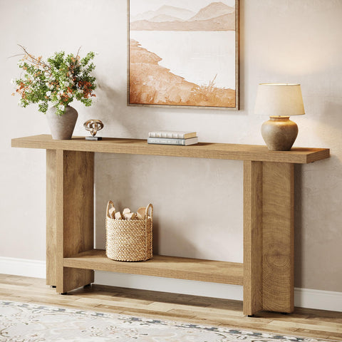 Tribesigns 150 cm Console Table, Light Wooden Hallway Table with 2-Tiers, Behind Couch Sofa Table for Entryway & Living Room