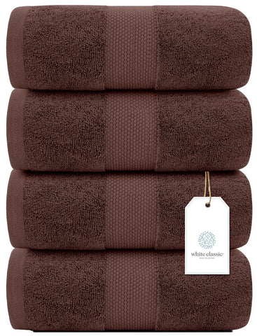 White Classic Luxury Bath Towels Large - Cotton Hotel spa Bathroom Towel | 27x54 | 4 Pack | Brown