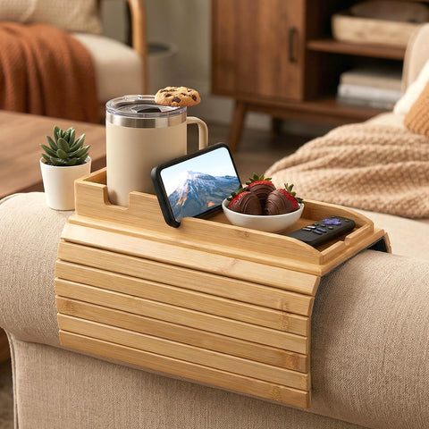 Natural Bamboo Sofa Arm Tray with Couch Cup Holder, Anti Falling Couch Arm Tray Table, Foldable Sofa Armchair Caddy, Sofas Side Table for Snacks