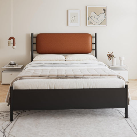 Merax 4ft6 Double Metal Bed with PU Upholstered Headboard – Wrought Iron Frame, 135x190cm, Durable & Sturdy, Comfortable Youth Bed for Teens & Adults