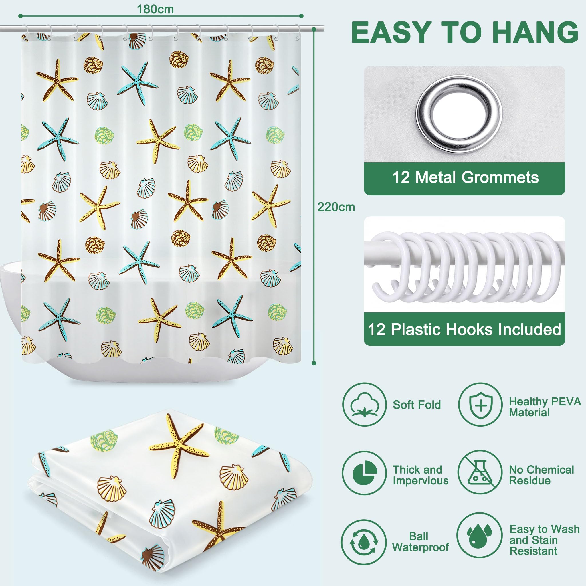 Vllcsla Shower Curtains Mould Proof Resistant Bathroom 220drop, 180x220 cm, Blue Extra Long PEVA Bathroom Bathtub Curtains