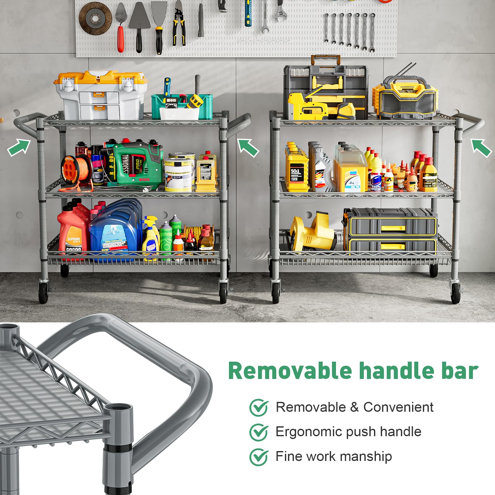 Forthcan 3-Tier Heavy Duty Shelving Unit, Storage Trolley on wheels, Silver