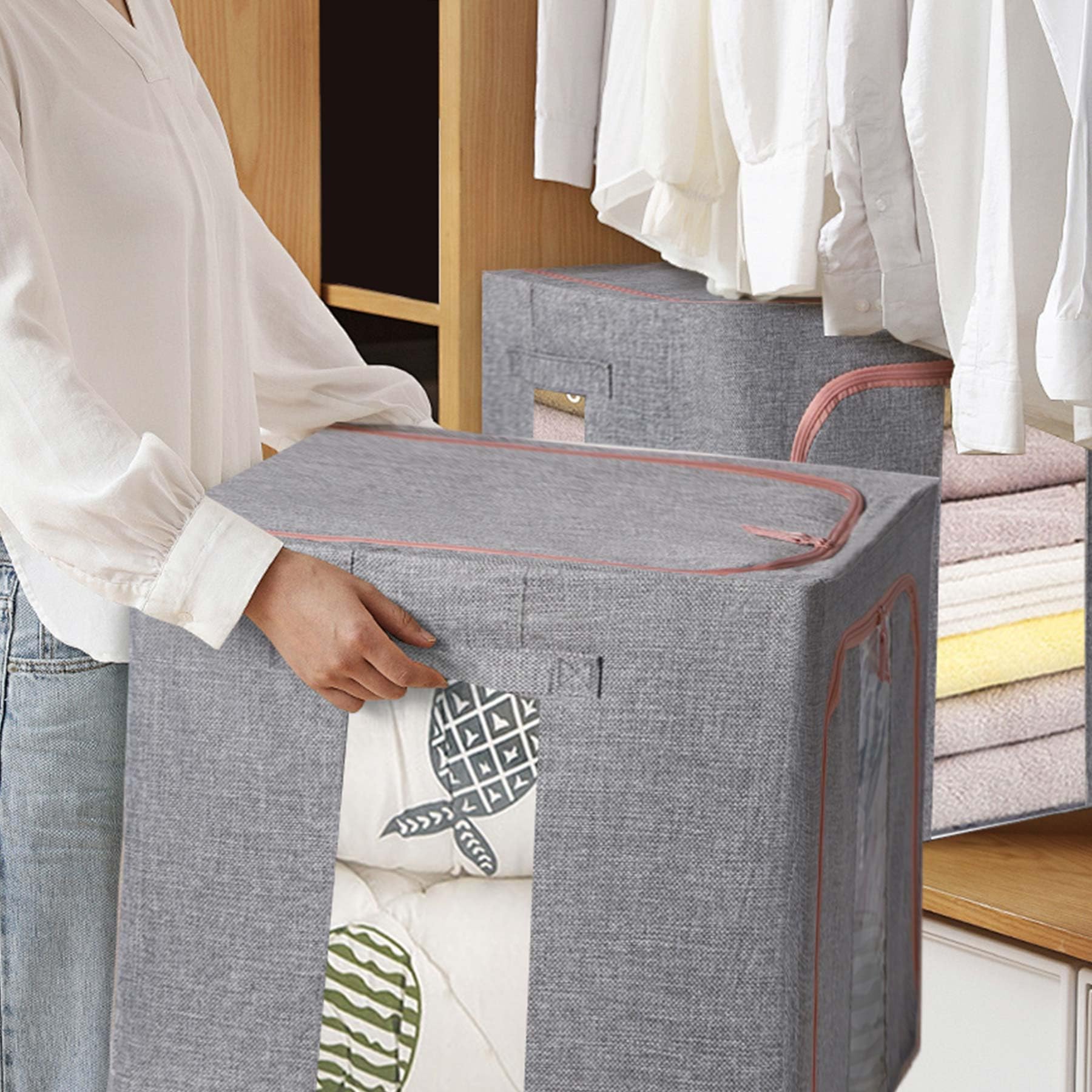 DAWNTREES 4 Pack 66L Collapsible Storage Boxes for Clothes, Grey