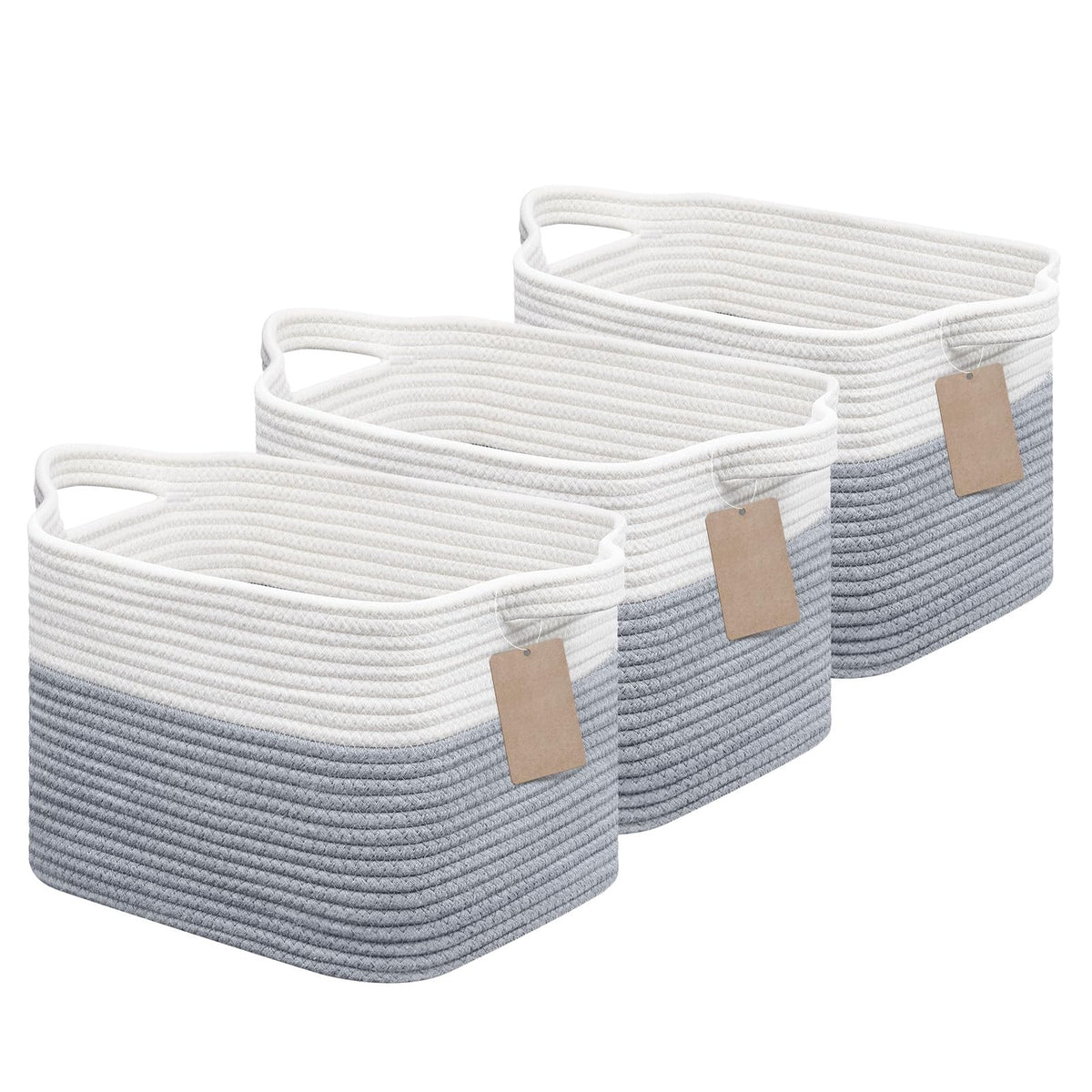 JOJOSEE Small Cotton Woven Storage Basket for Shelves, White&Grey,3PCS