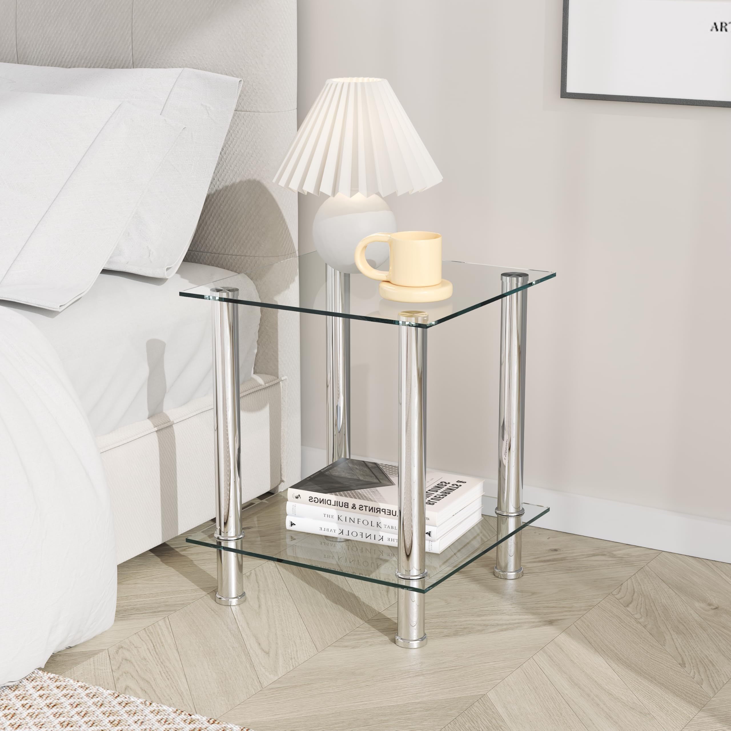 GOLDFAN 2-Tier Small Glass Coffee Table Corner Side End Table with Clear Glass and Stainless Steel Legs Living Room, Transparent
