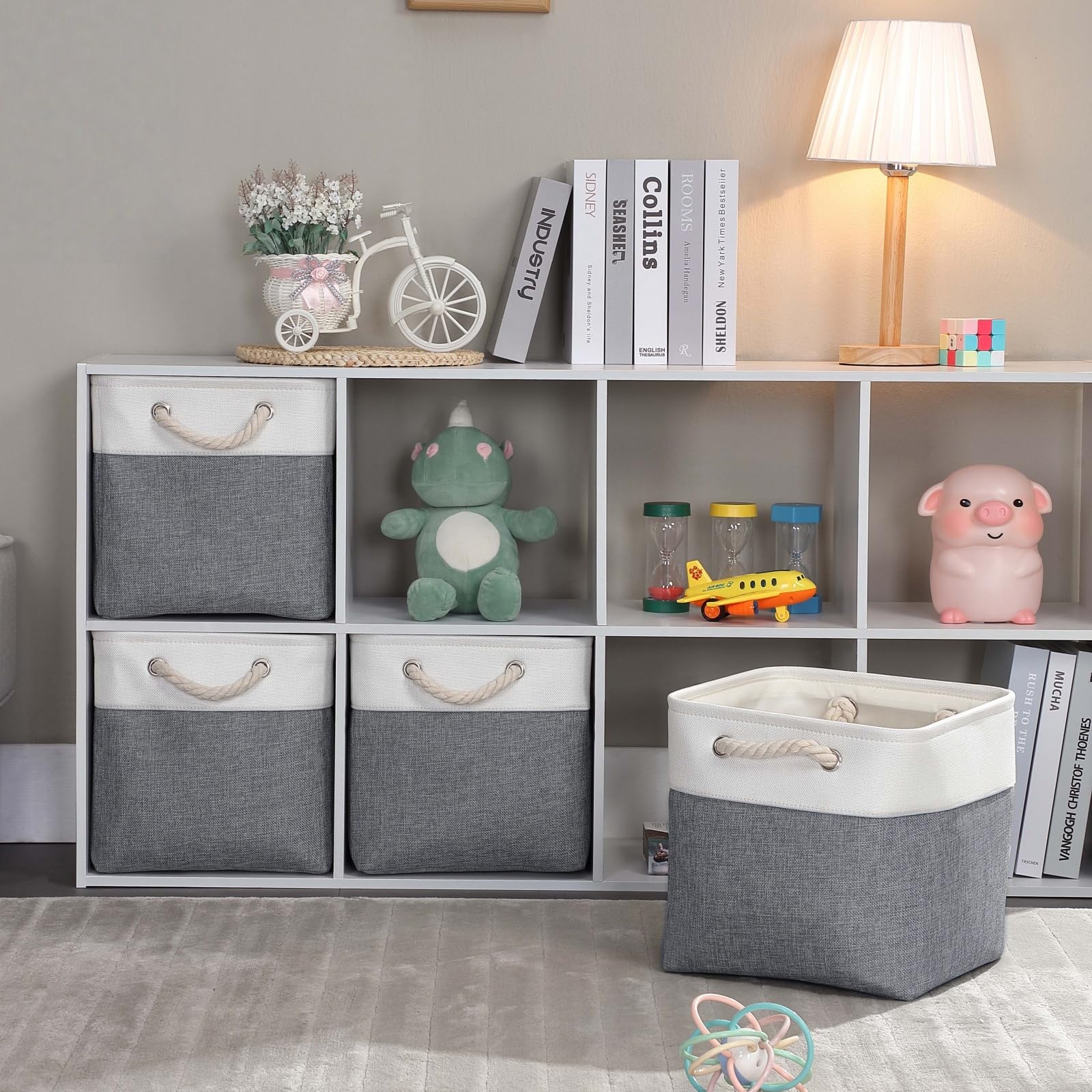 Mangata Canvas Storage Boxes, 28x28x28cm Fabric Storage Baskets for Shelves Organizing Clothes Nursery Home (Cold Grey&White, Set of 3)