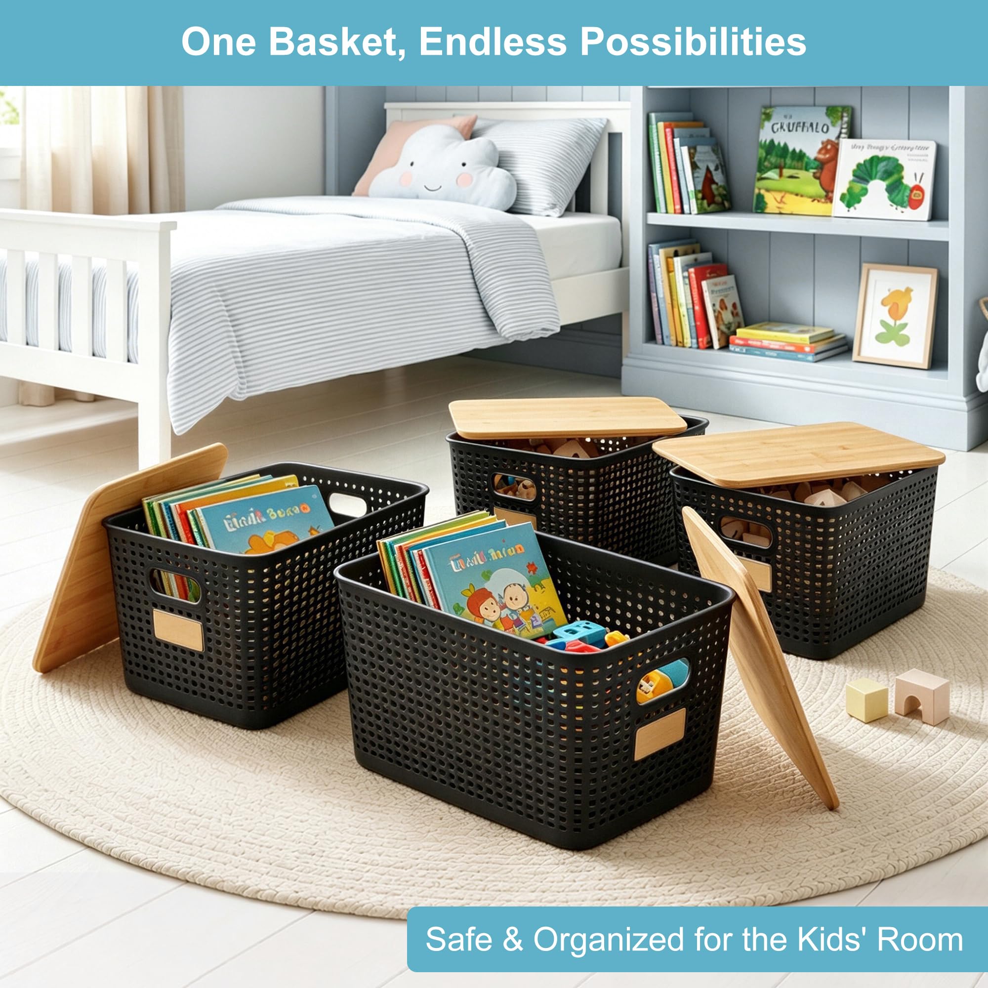 Bagnizer Tall Plastic Storage Bins with Bamboo Lids, 10.5qt, 2 Packs