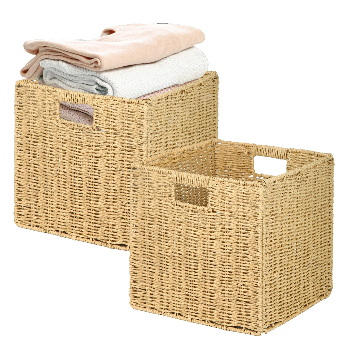 Collapsible Storage Basket 2 pcs, storage boxes for shelves, With Insertion Handle,12 * 12 * 12 In Hand-Woven Seagrass Storage Basket