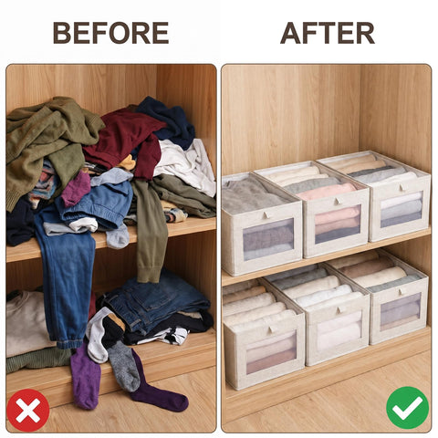 Coloch 6 Pack Wardrobe Clothes Organiser, Collapsible Closet Storage Box Fabric Clothing Organizer Stackable Organizer Basket with Clear Window for
