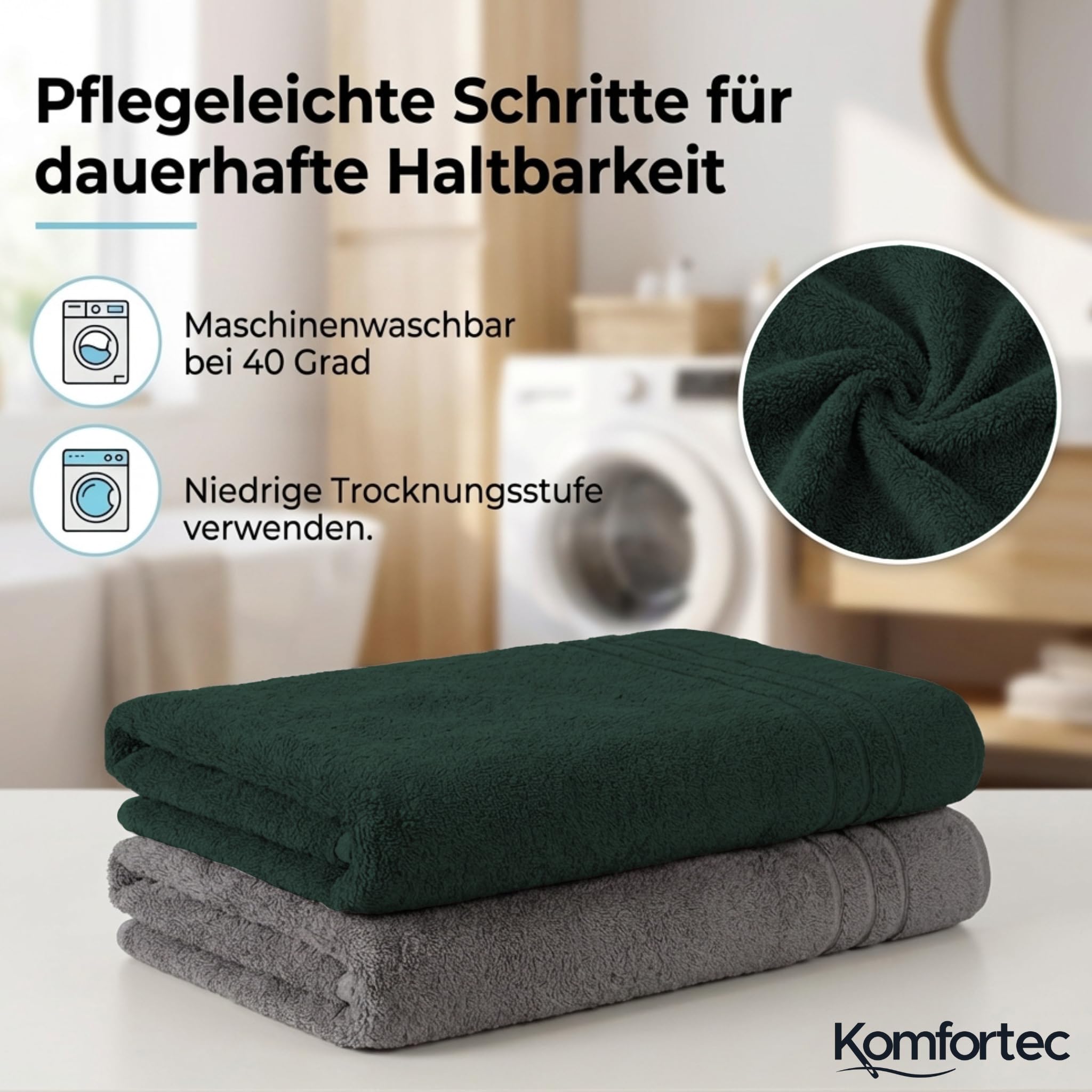 Komfortec Jumbo Bath Towels, 100% Cotton, Quick Dry, 80x200, Grey & Dark Green