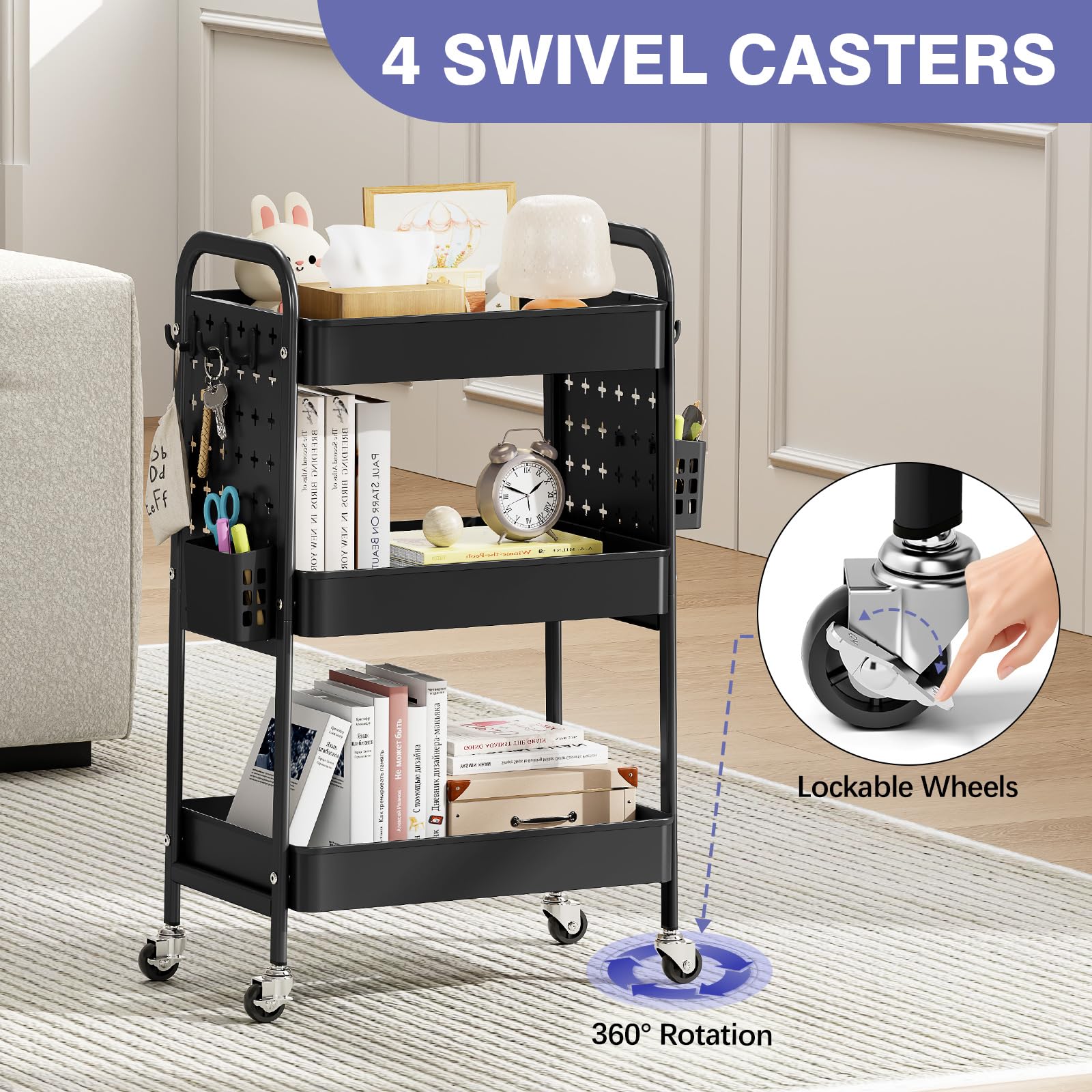 KINGRACK 3-Tier Rolling Cart with DIY Hanging Board, Metal Utility Cart with Wheels, Handles, Baskets & Hooks, Storage Organizer for Bathroom
