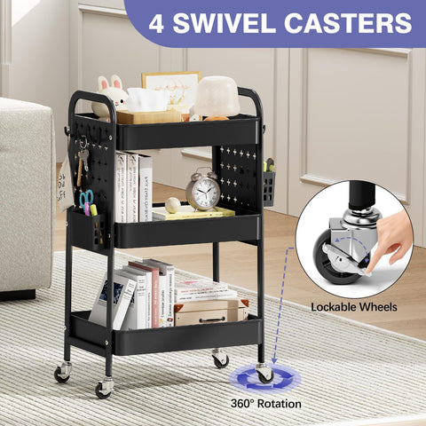 KINGRACK 3-Tier Rolling Cart with DIY Hanging Board, Metal Utility Cart with Wheels, Handles, Baskets & Hooks, Storage Organizer for Bathroom