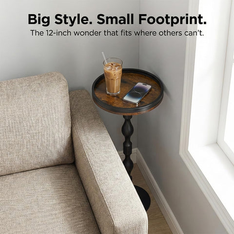 ZEXVIDA Industrial Round Side Table,Black Metal & Dark Wood Drinks Table with Tray Top, Rustic Martini End Table for Living Room