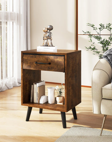 YMYNY Nightstand Set of 2, Bedside Table, Side Table with Fabric Drawer, Handle and Open Compartment, Solid Wood Legs