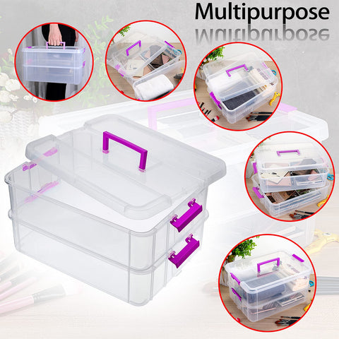 IGNPION 2-Tier Stackable Craft Storage Box Plastic Adjustable Storage Containers with Carry Handle Transparent Containers Organiser for Art & Craft