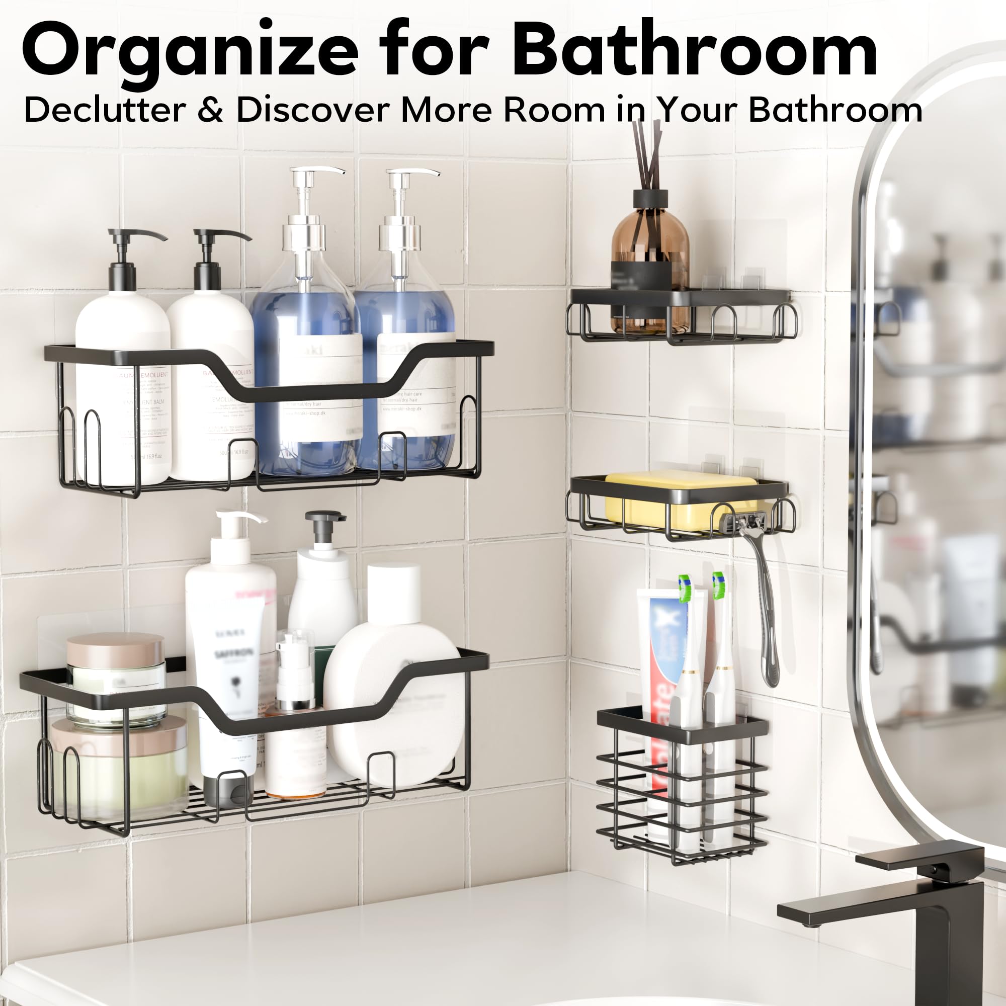 Cubbiesavor Shower Caddy 5 Pack, Stainless Steel Shower Shelf No Drilling with Toothbrush, Razor and Soap Holder Set, Black Bathroom Accessories