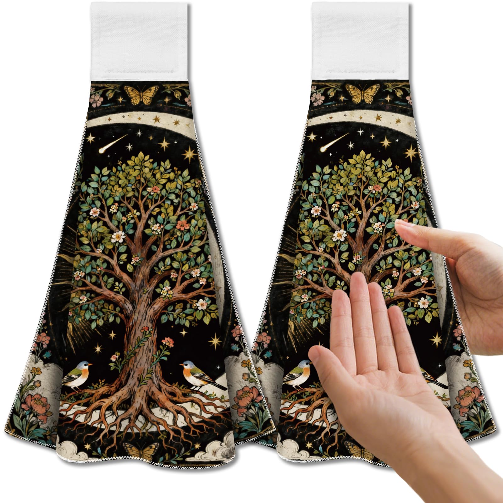 CUTHOLLOW 2 Pcs Moon and Tree of Life Hanging Kitchen Towels with Loop