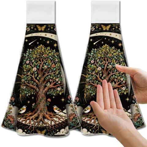CUTHOLLOW 2 Pcs Moon and Tree of Life Hanging Kitchen Towels with Loop
